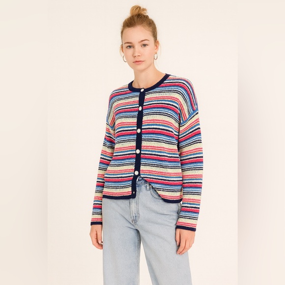 Colorful Striped Button-Up Sweater - 100% Cotton - Made in Australia - Picture 1 of 7